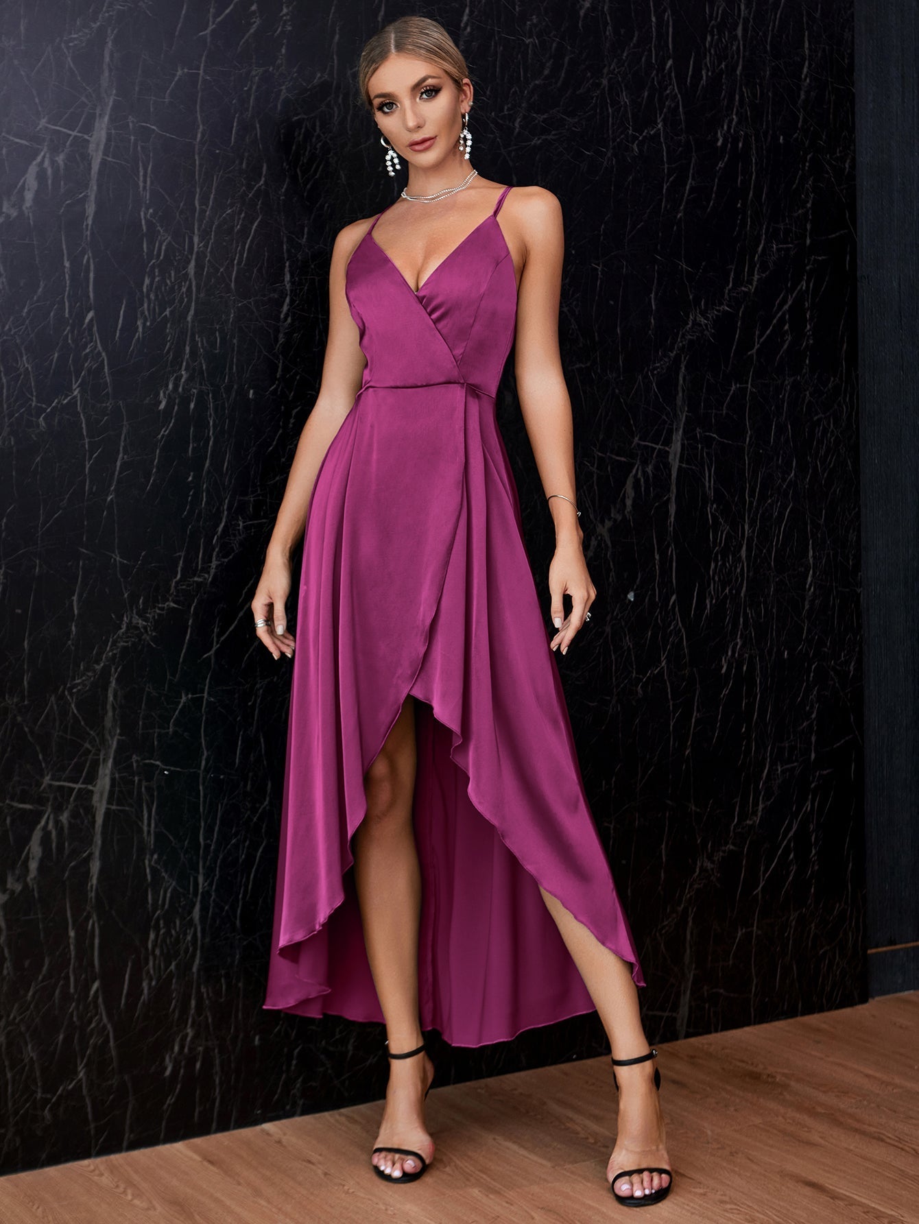 Surplice Front Crisscross Back Satin Tulip Hem Dress Sai Feel