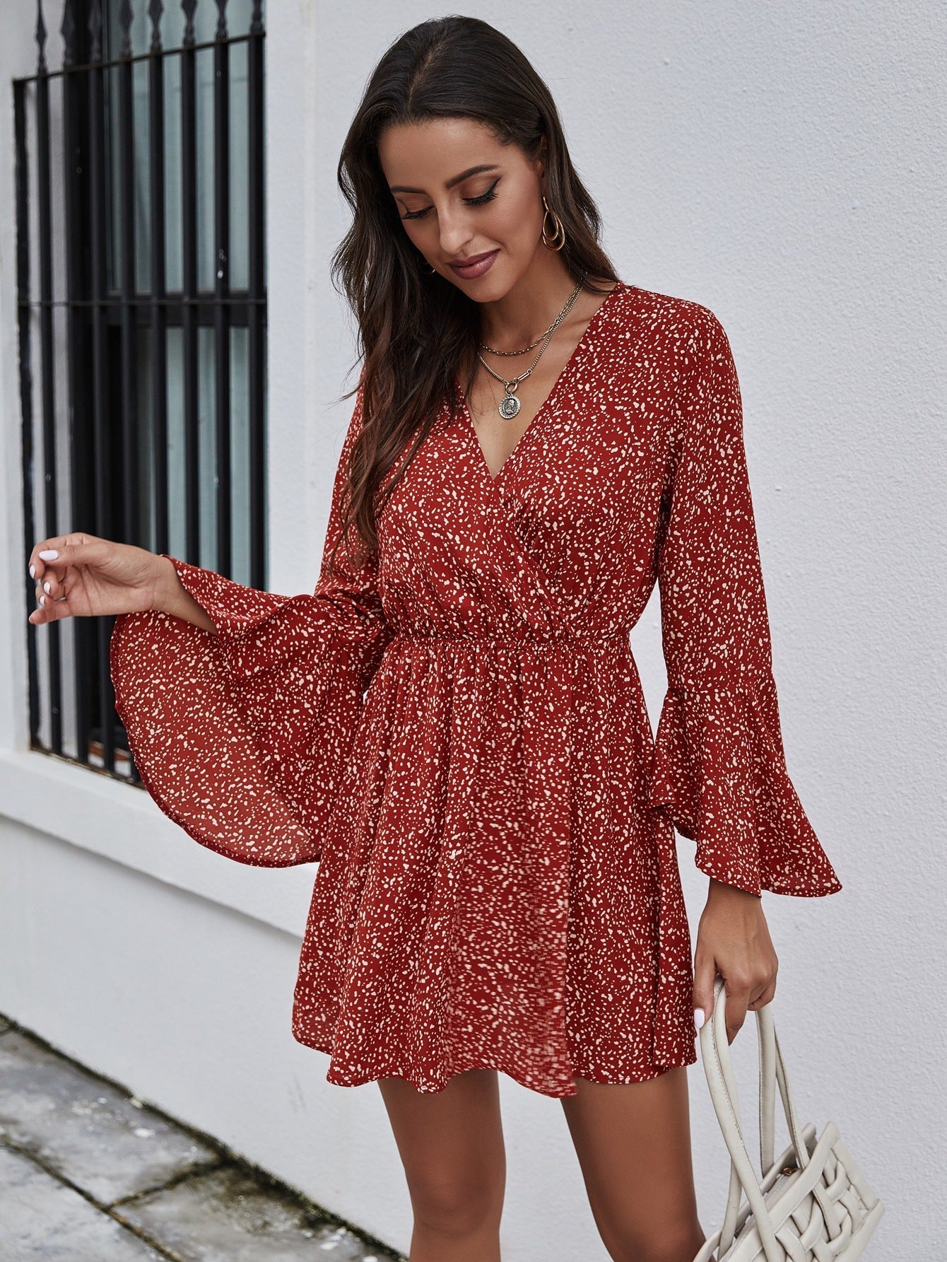 Surplice Neck Elastic Waist Flare Sleeve Dress Sai Feel