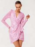 Surplice Neck Tulip Hem Draped Sequin Dress Sai Feel