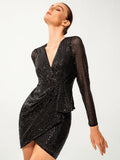 Surplice Neck Tulip Hem Draped Sequin Dress Sai Feel