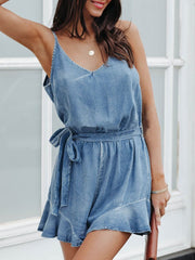 Suspender Tie Ruffled Denim Jumpsuit Sai Feel