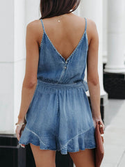 Suspender Tie Ruffled Denim Jumpsuit Sai Feel