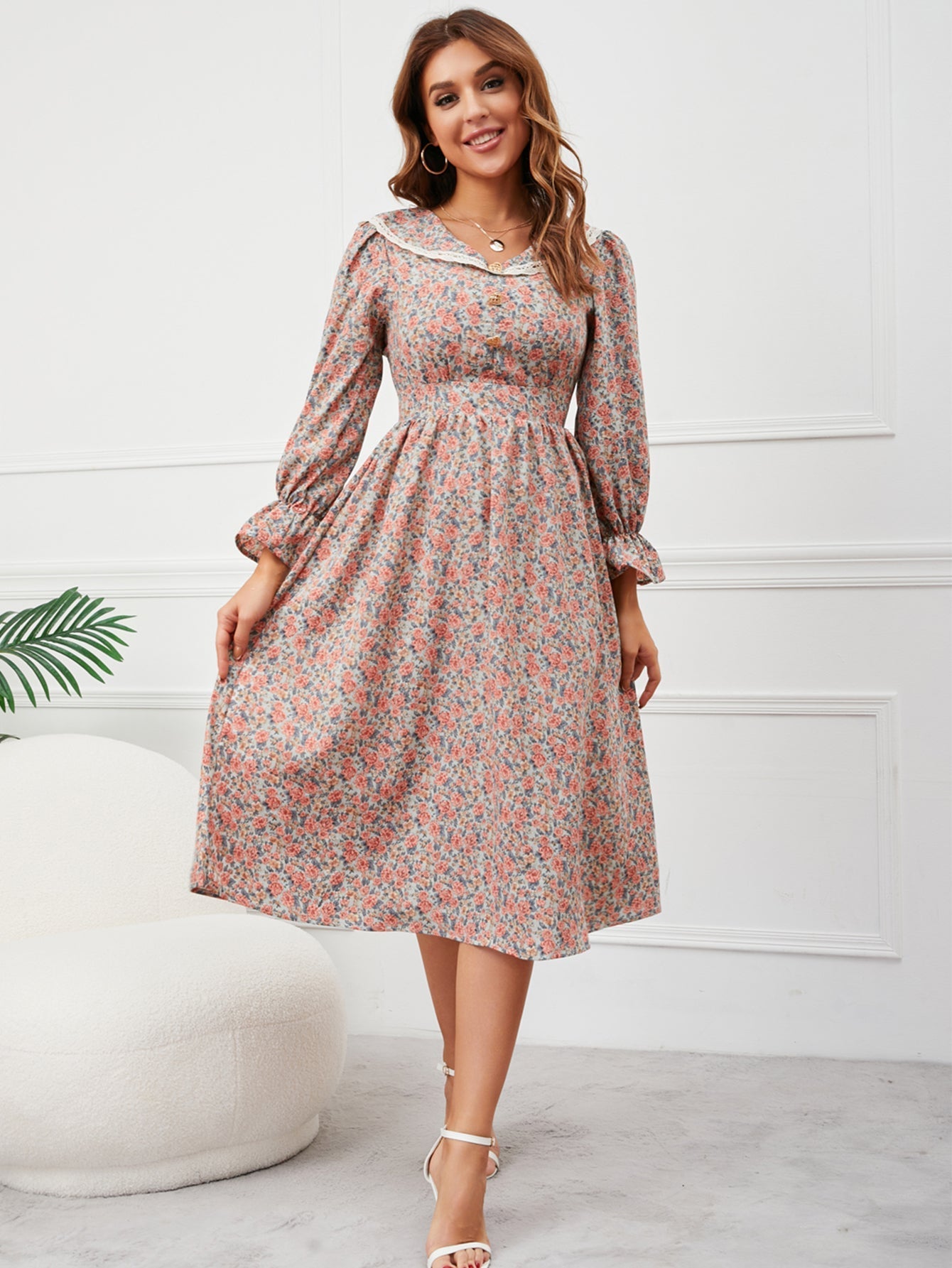 Sweet Floral Elastic Waist Dress Sai Feel