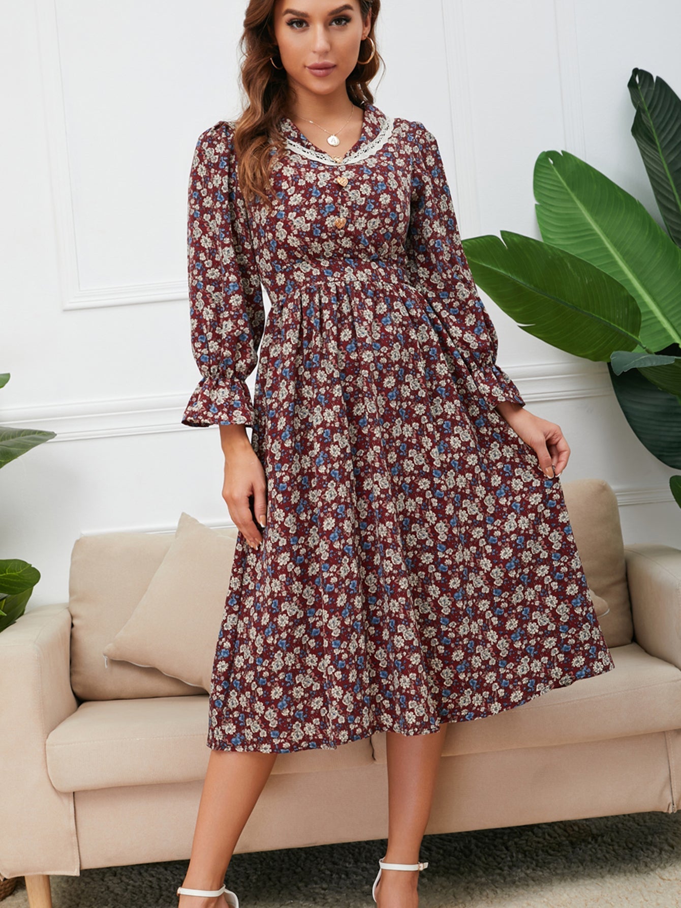 Sweet Floral Elastic Waist Dress Sai Feel