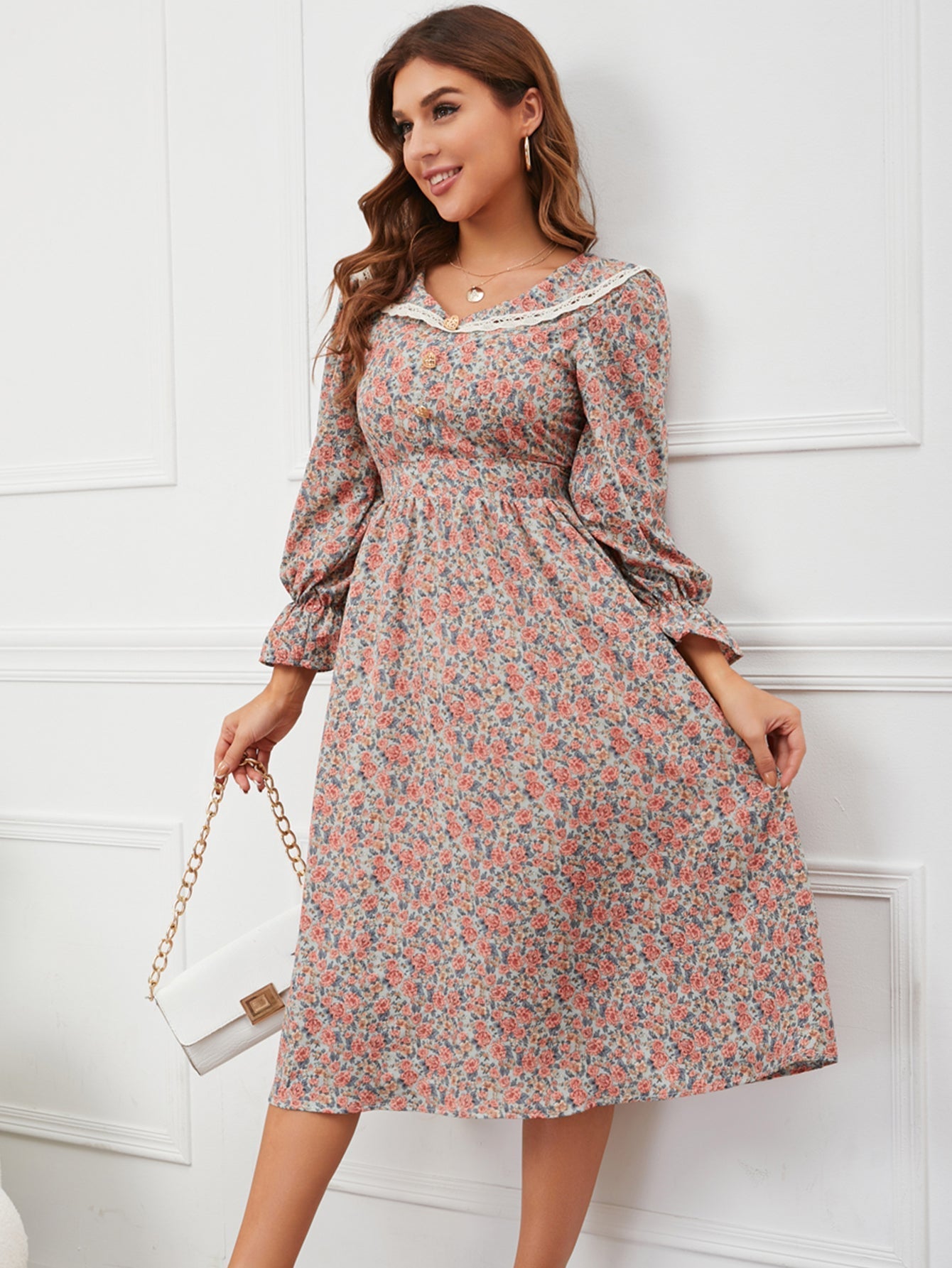 Sweet Floral Elastic Waist Dress Sai Feel