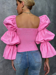 Sweetheart Neck Gathered Sleeve Flounce Cuff Single Breasted Blouse Sai Feel