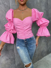 Sweetheart Neck Gathered Sleeve Flounce Cuff Single Breasted Blouse Sai Feel