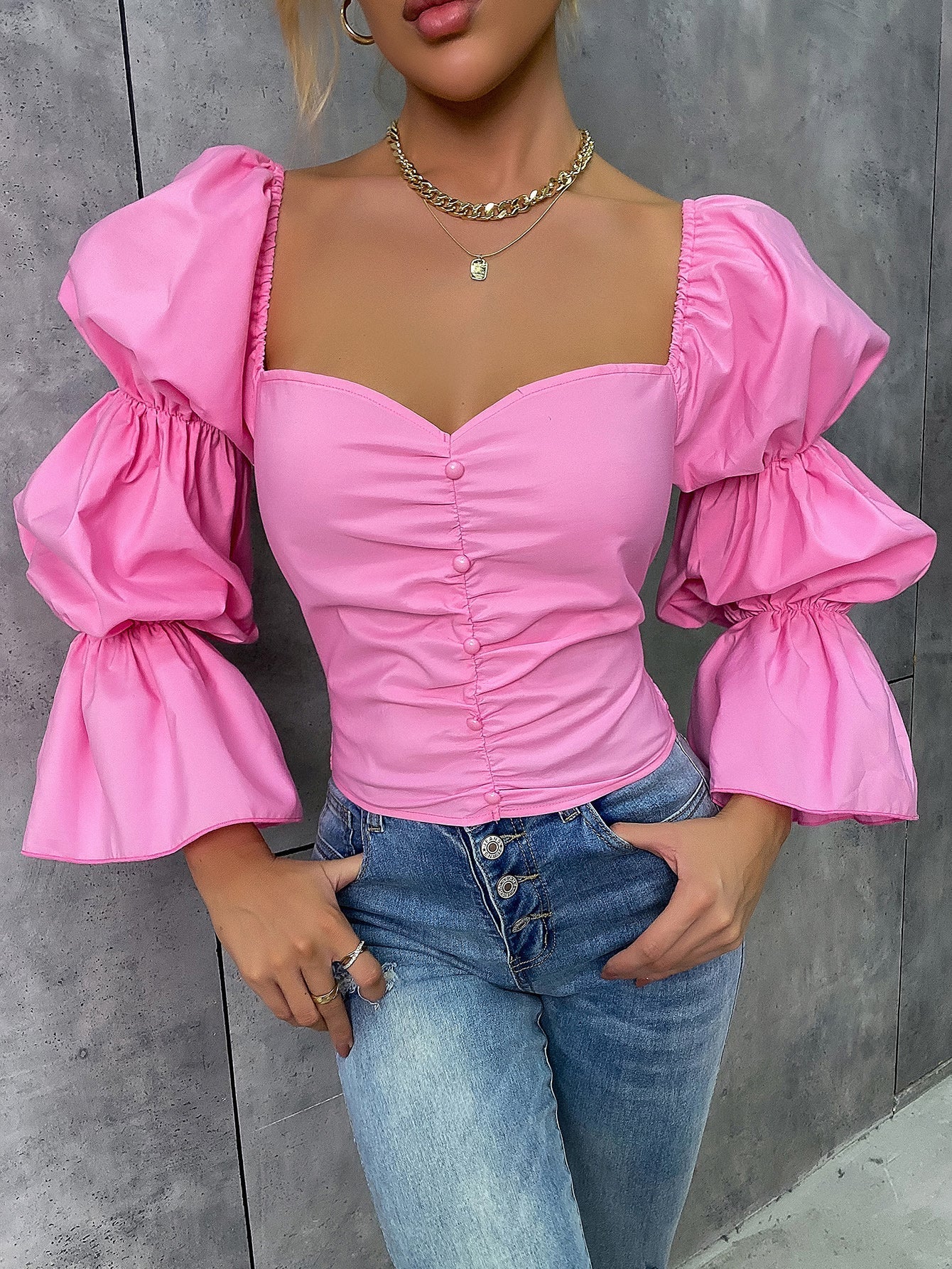 Sweetheart Neck Gathered Sleeve Flounce Cuff Single Breasted Blouse Sai Feel