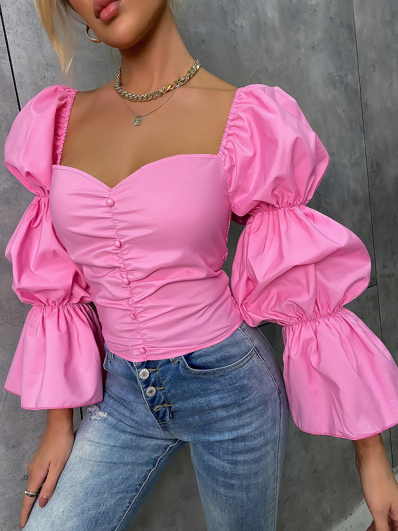 Sweetheart Neck Gathered Sleeve Flounce Cuff Single Breasted Blouse Sai Feel