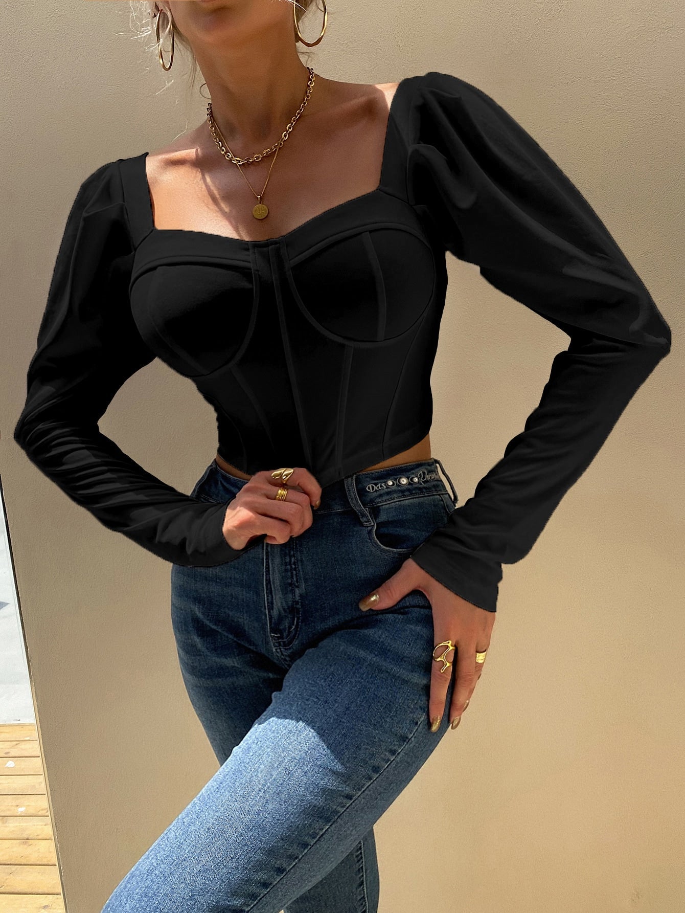 Sweetheart Neck Gigot Sleeve Bustier Crop Blouse Sai Feel