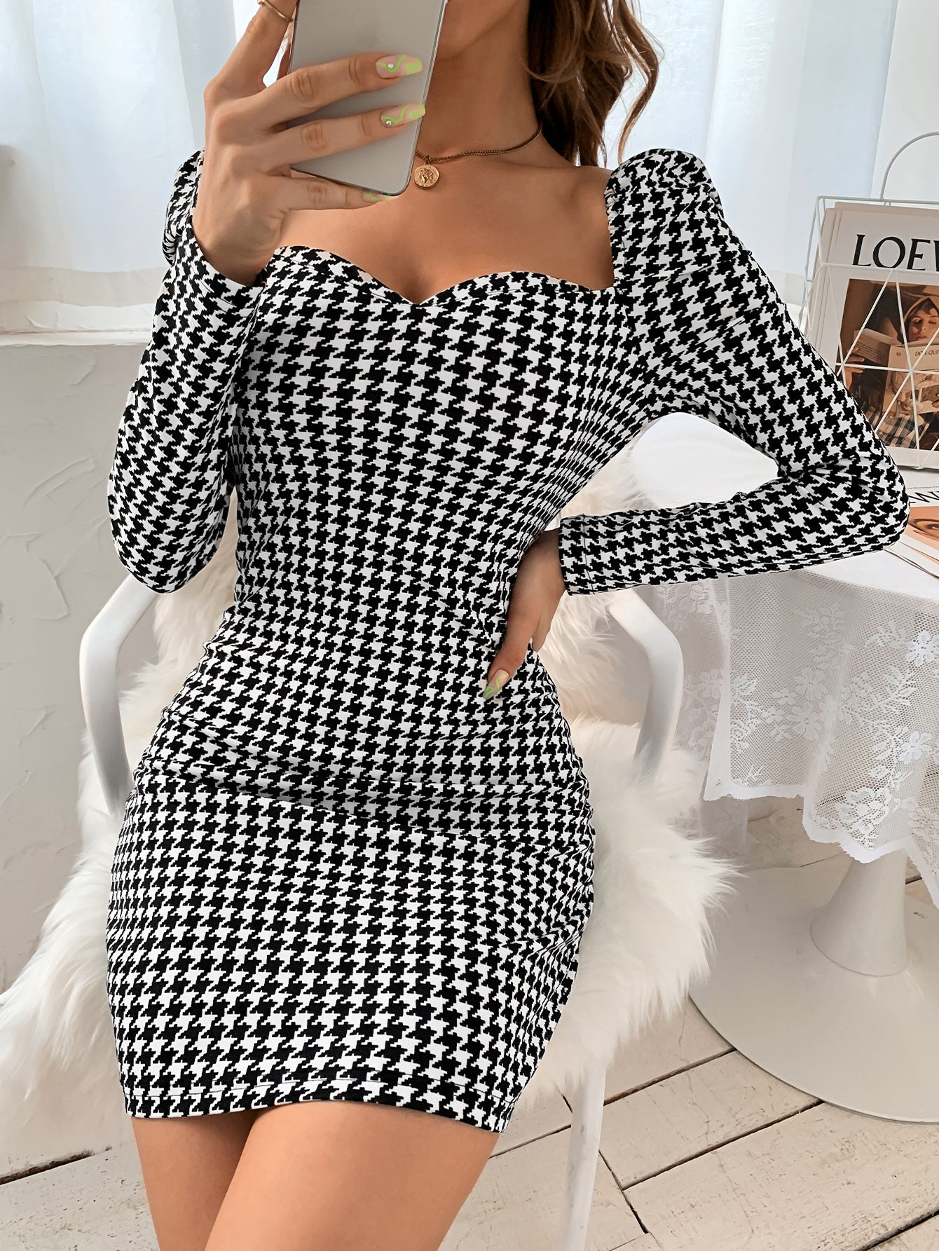 Sweetheart Neck Houndstooth Bodycon Dress Sai Feel