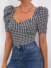 Sweetheart Neck Puff Sleeve Houndstooth Fitted Tee Sai Feel
