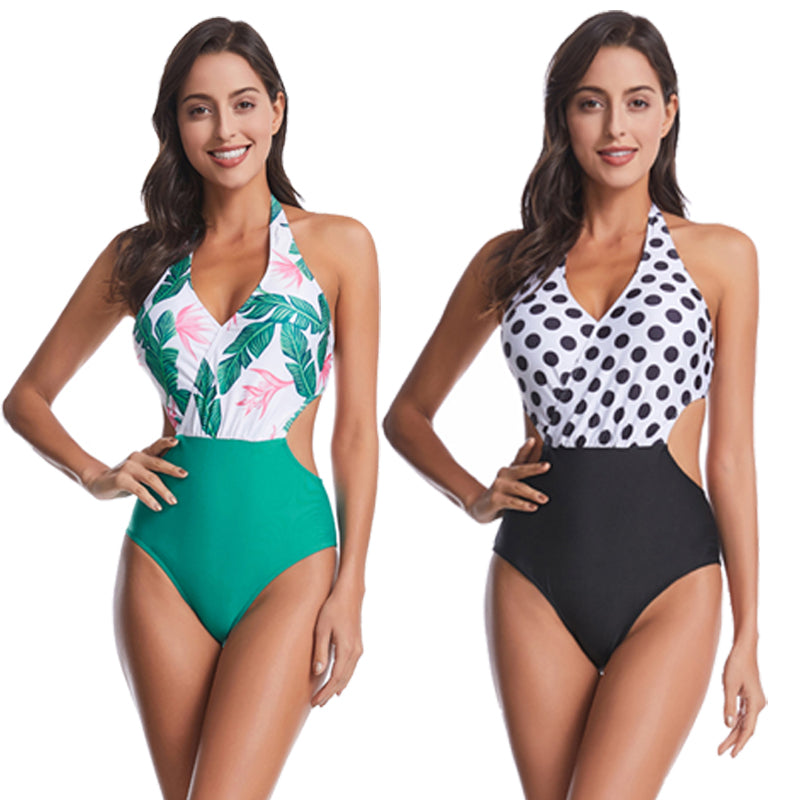 Swimsuit Women Polka Dot Floral Print Swimsuit Summer Sexy One-Piece Bikini Sai Feel