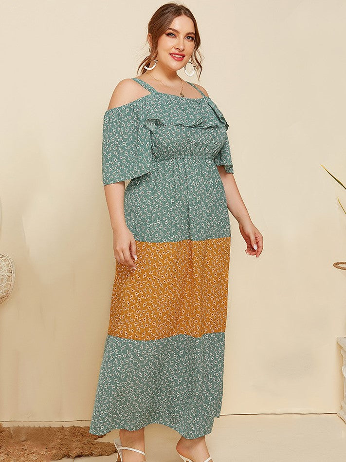 Temperament Sling Ruffled Contrast Color Loose Floral Dress Sai Feel