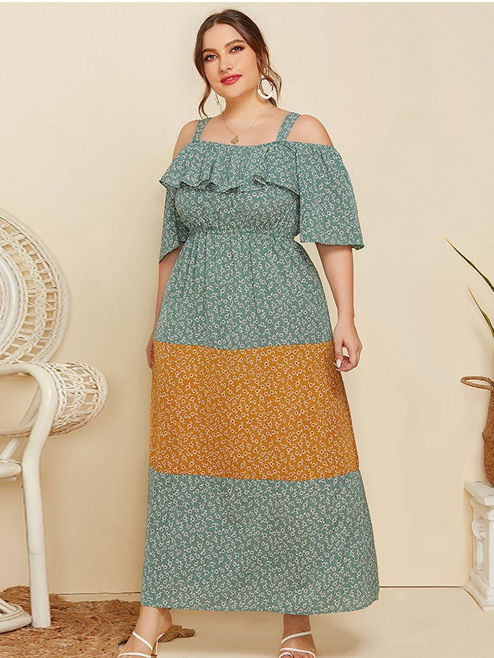 Temperament Sling Ruffled Contrast Color Loose Floral Dress Sai Feel