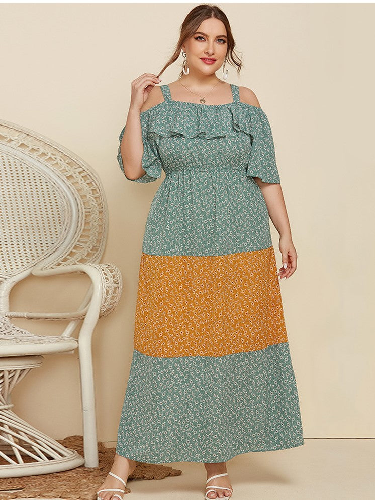 Temperament Sling Ruffled Contrast Color Loose Floral Dress Sai Feel