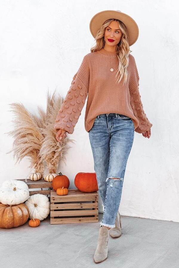 Textured Knit Sweater with Lantern Sleeves Sai Feel