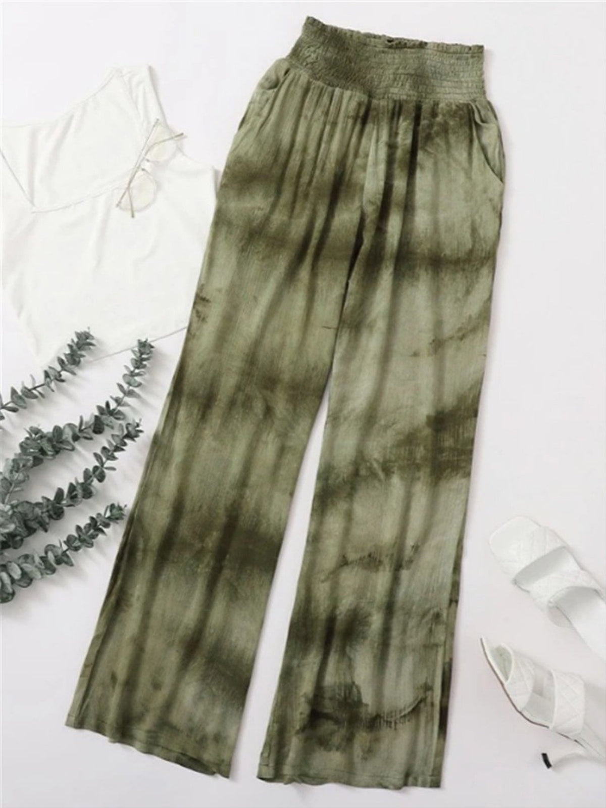 Tie Dye Frill Elastic Waist Wide Leg Pants Sai Feel