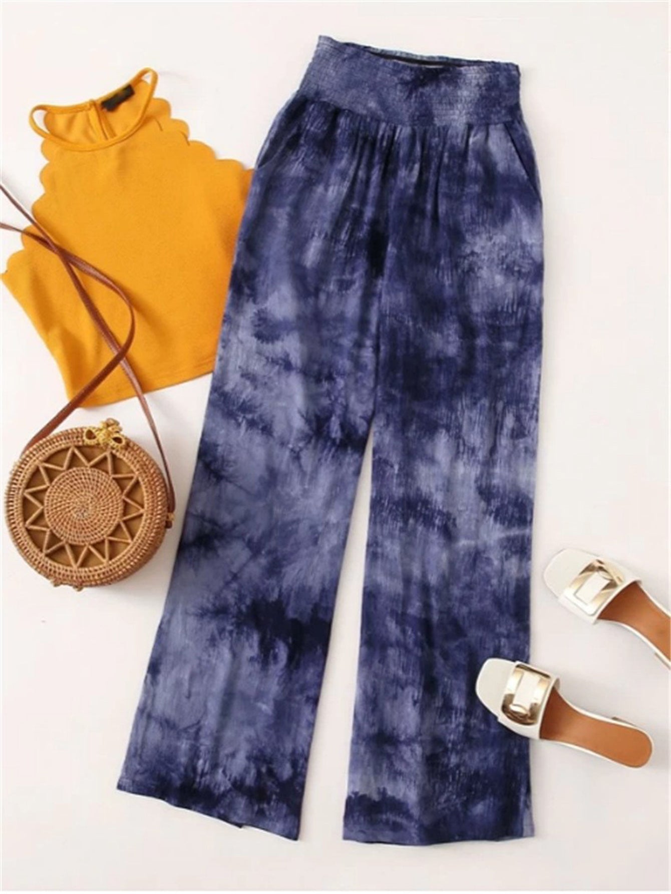 Tie Dye Frill Elastic Waist Wide Leg Pants Sai Feel