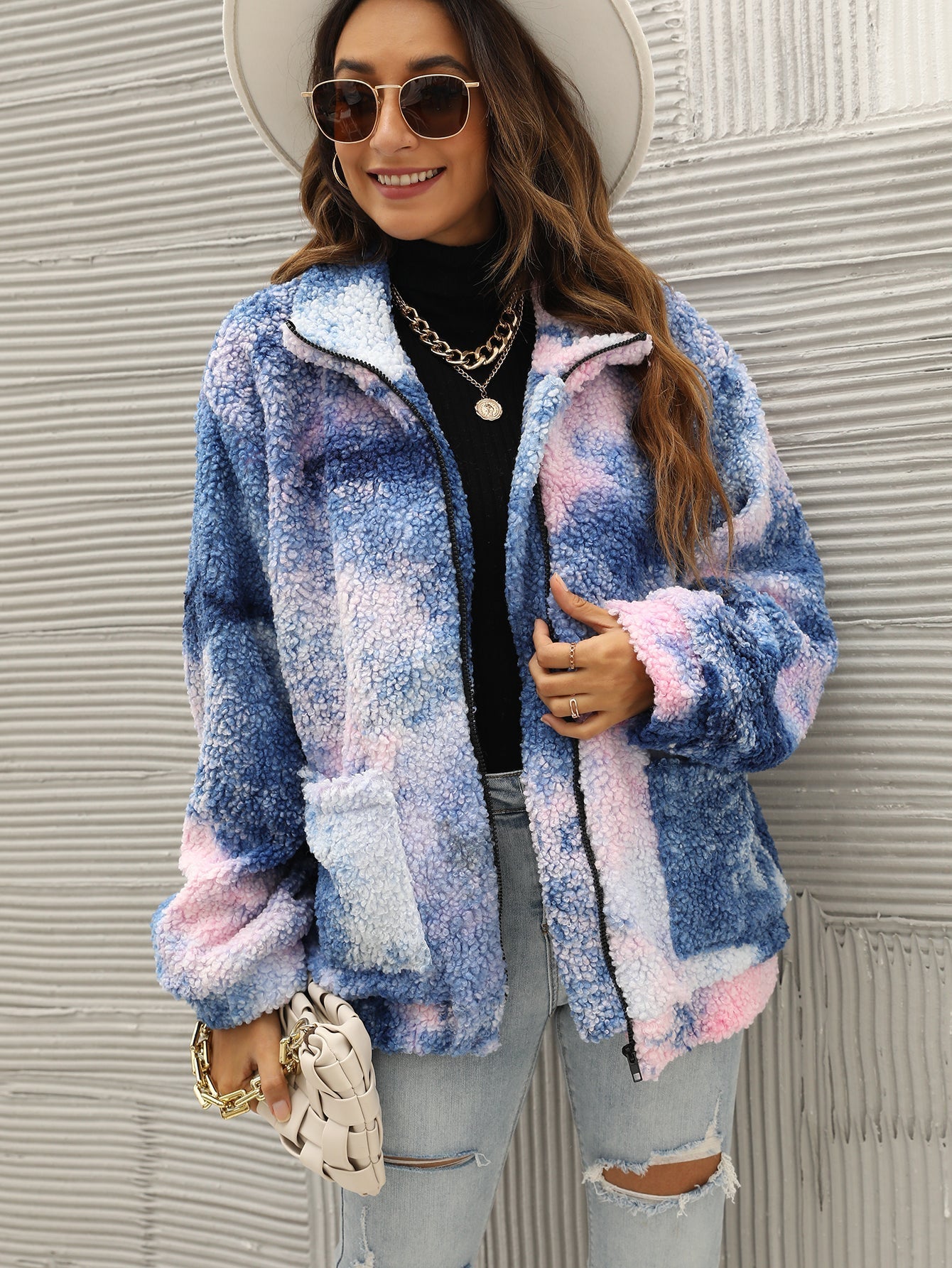 Tie Dye Zipper Up Sherpa Coat Sai Feel