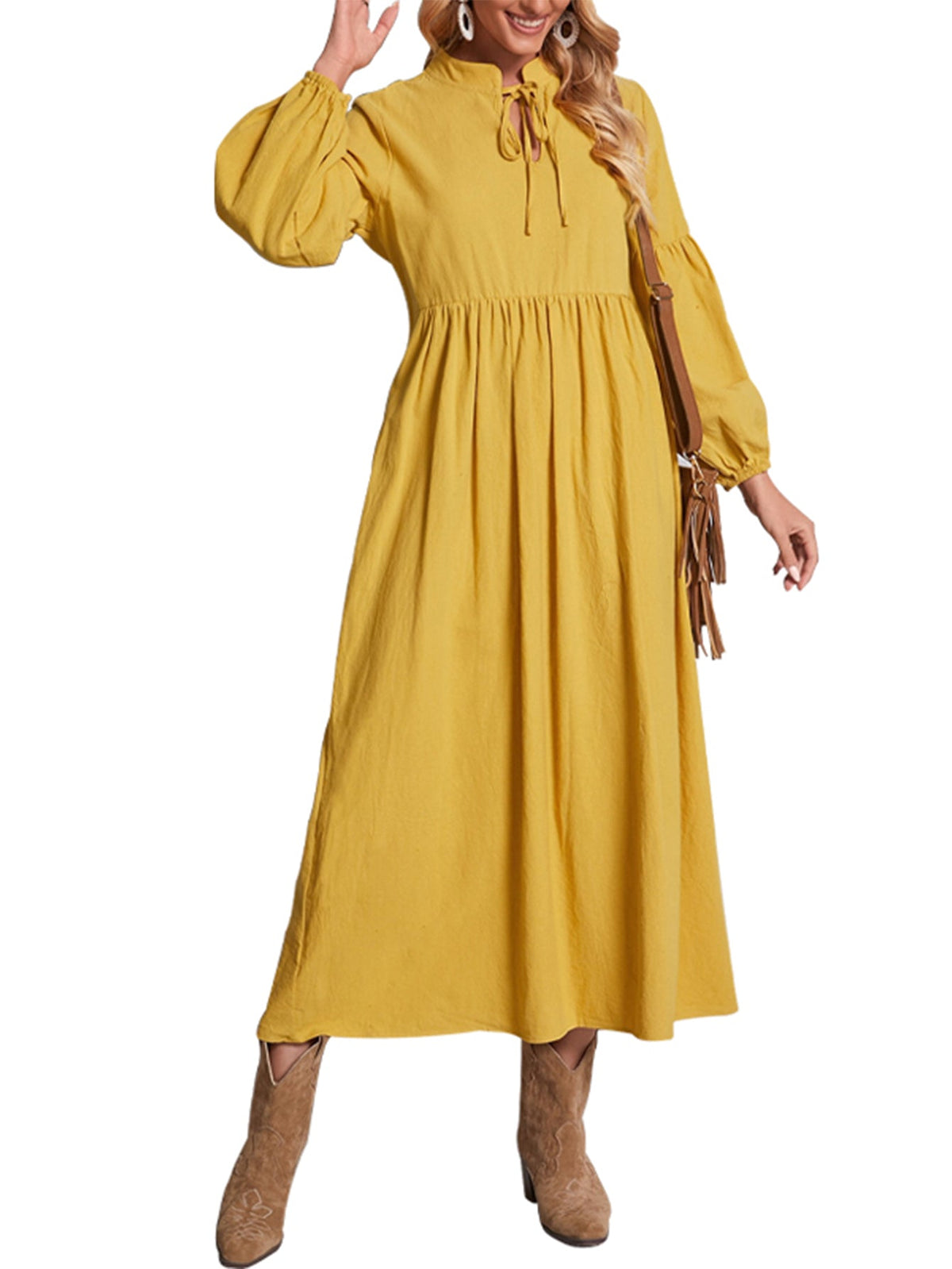 Tie Font Bishop Sleeve Casual Long Dress Sai Feel