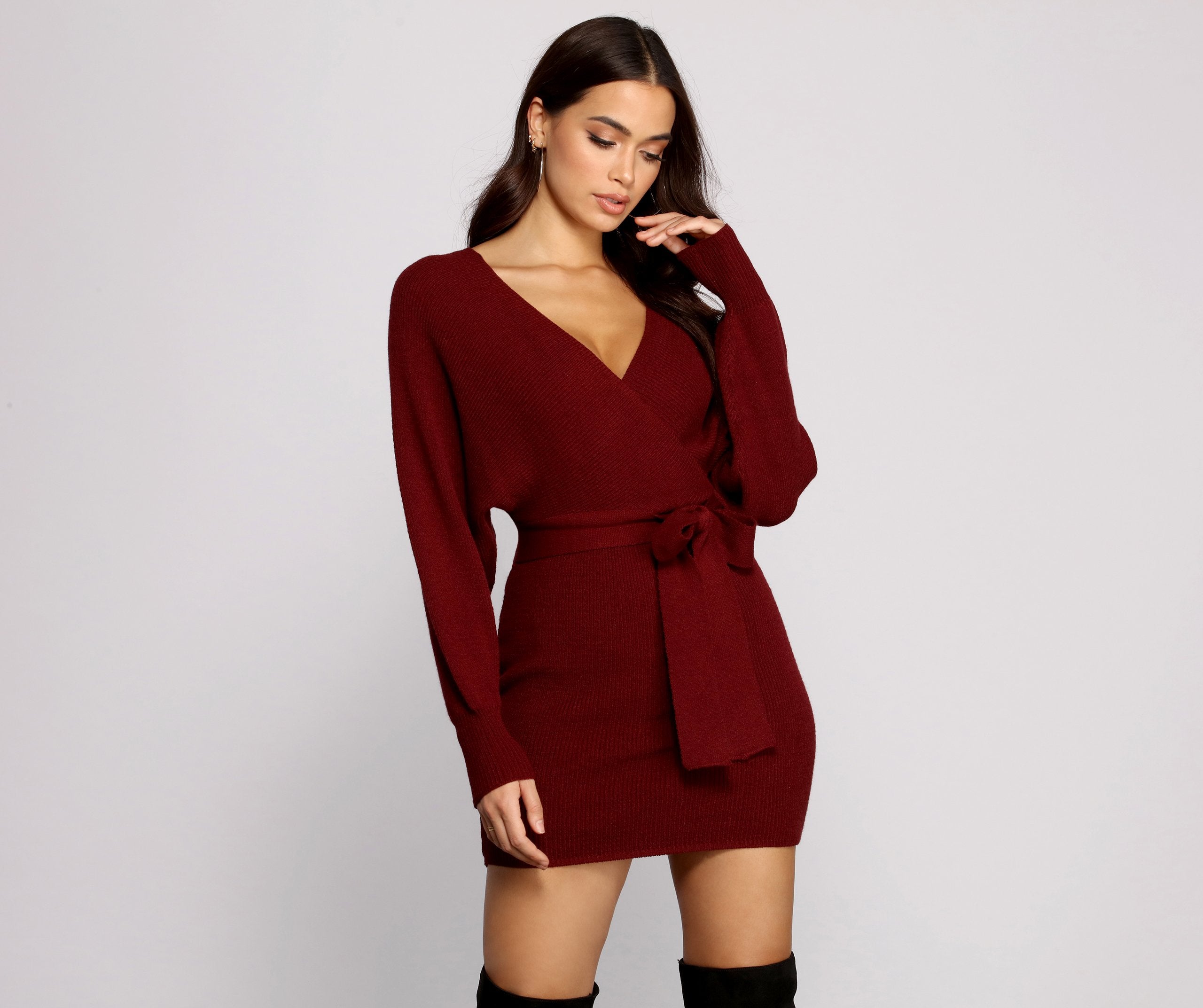 Tie Front Wrap Mini Sweater Dress Sai Feel