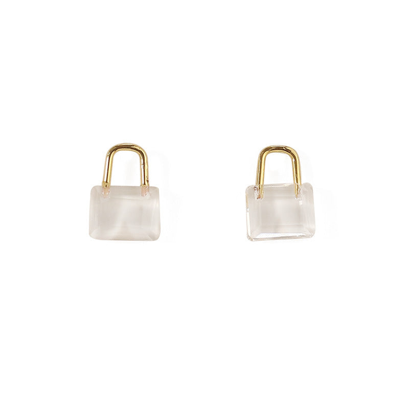 Transparent Crystal Glass Lock Stud Earrings for Women Simple Personality Small Niche Design Fashion Earrings Sai Feel