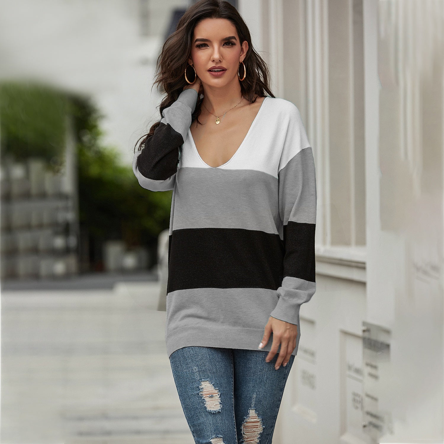 Trendy Loose-Fit Color-Block Sweater Sai Feel