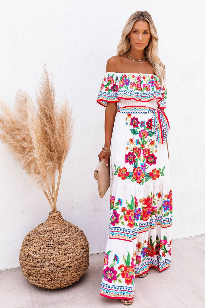 Trendy Off Shoulder Malamala Print Maxi Dress Sai Feel