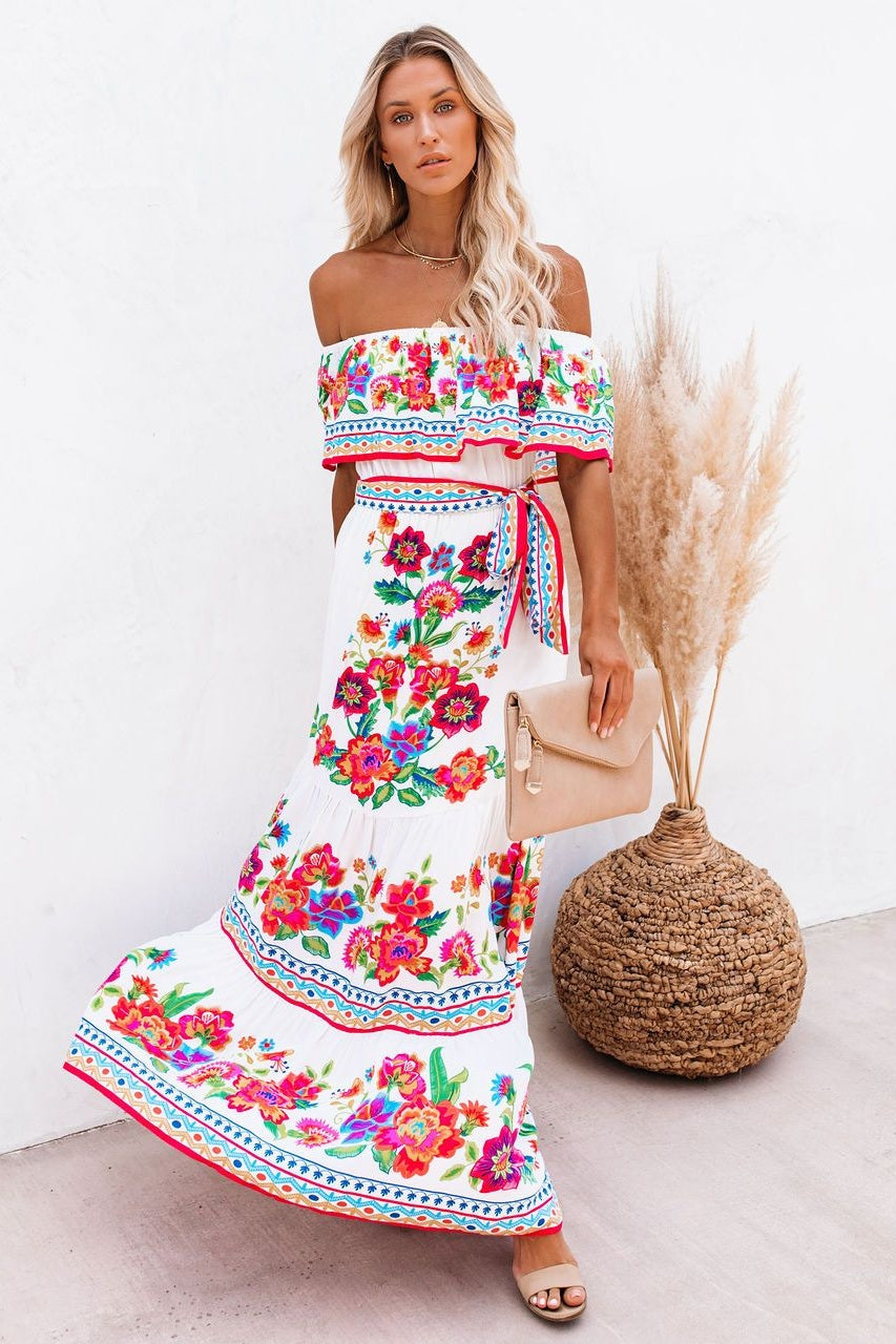 Trendy Off Shoulder Malamala Print Maxi Dress Sai Feel