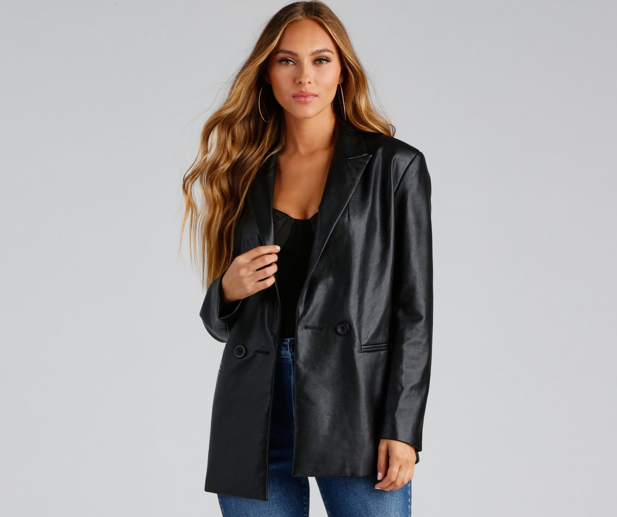 Trendy Oversized Faux Leather Blazer Sai Feel