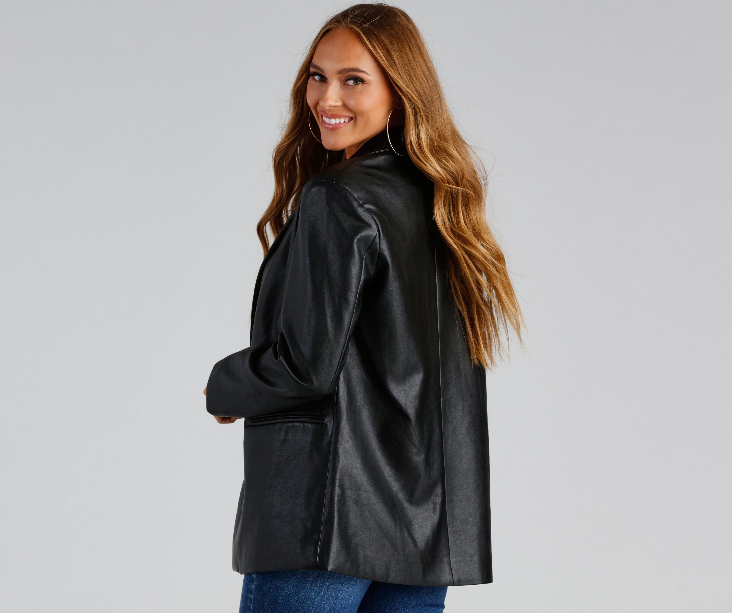 Trendy Oversized Faux Leather Blazer Sai Feel