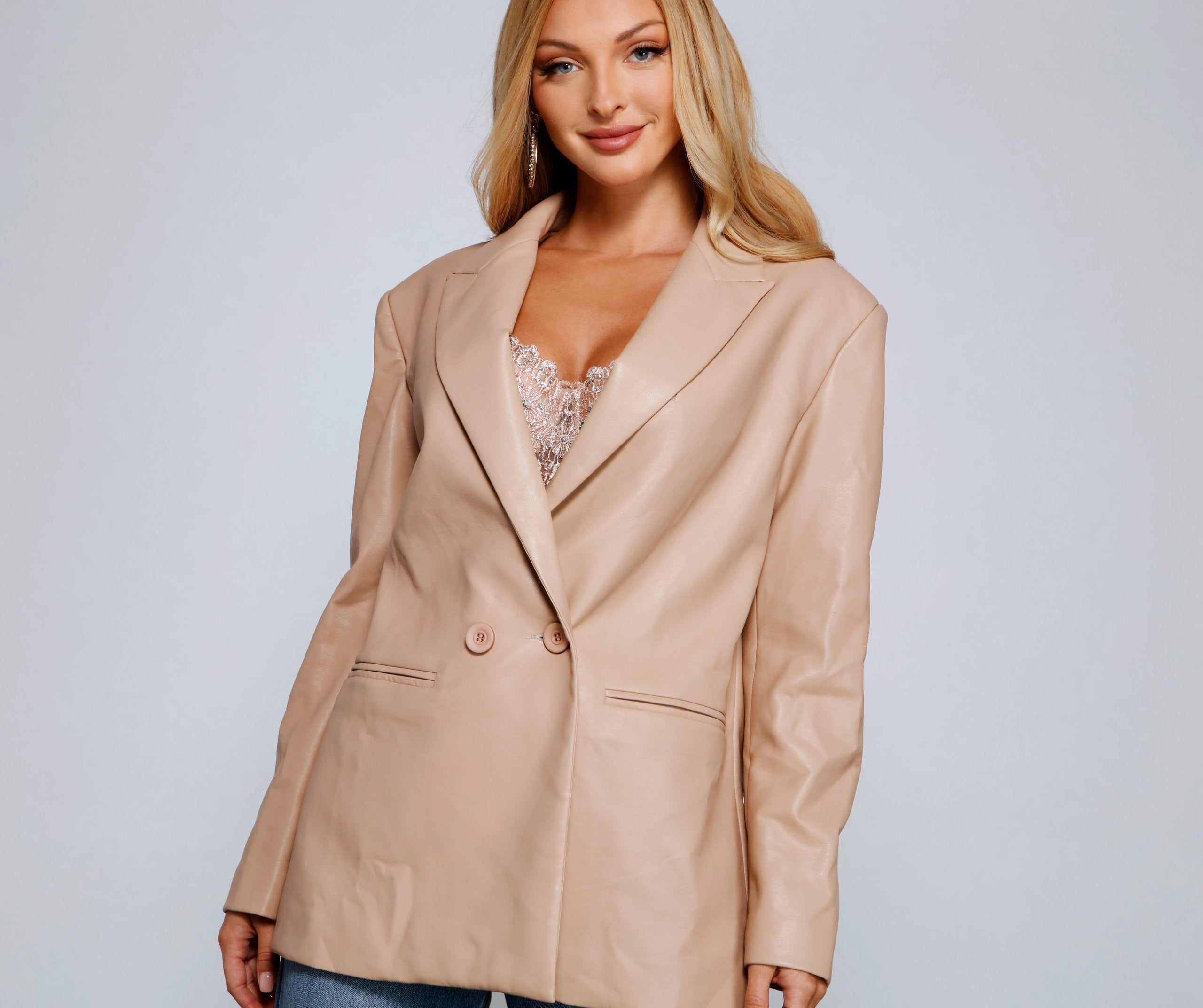 Trendy Oversized Faux Leather Blazer Sai Feel