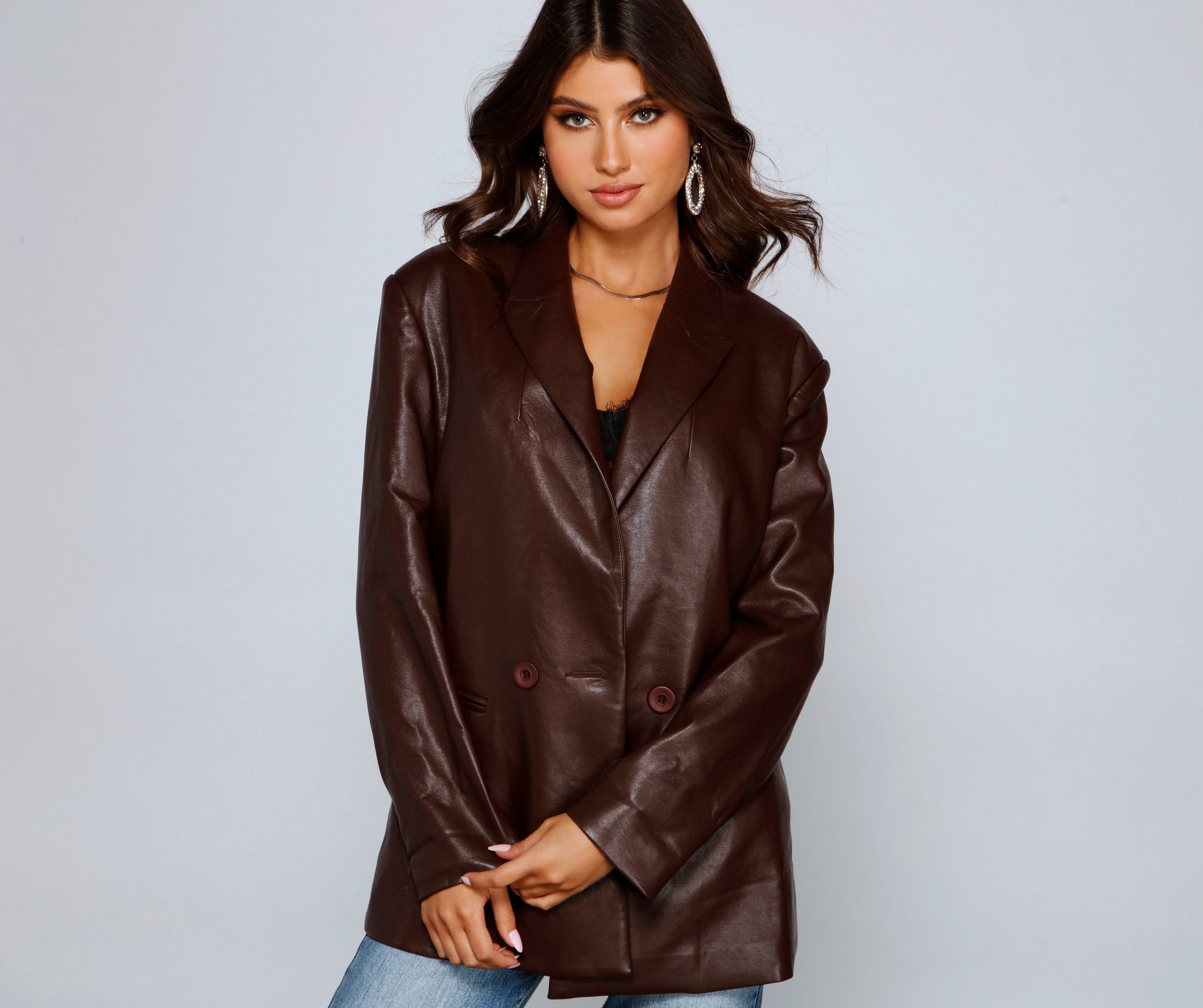 Trendy Oversized Faux Leather Blazer Sai Feel
