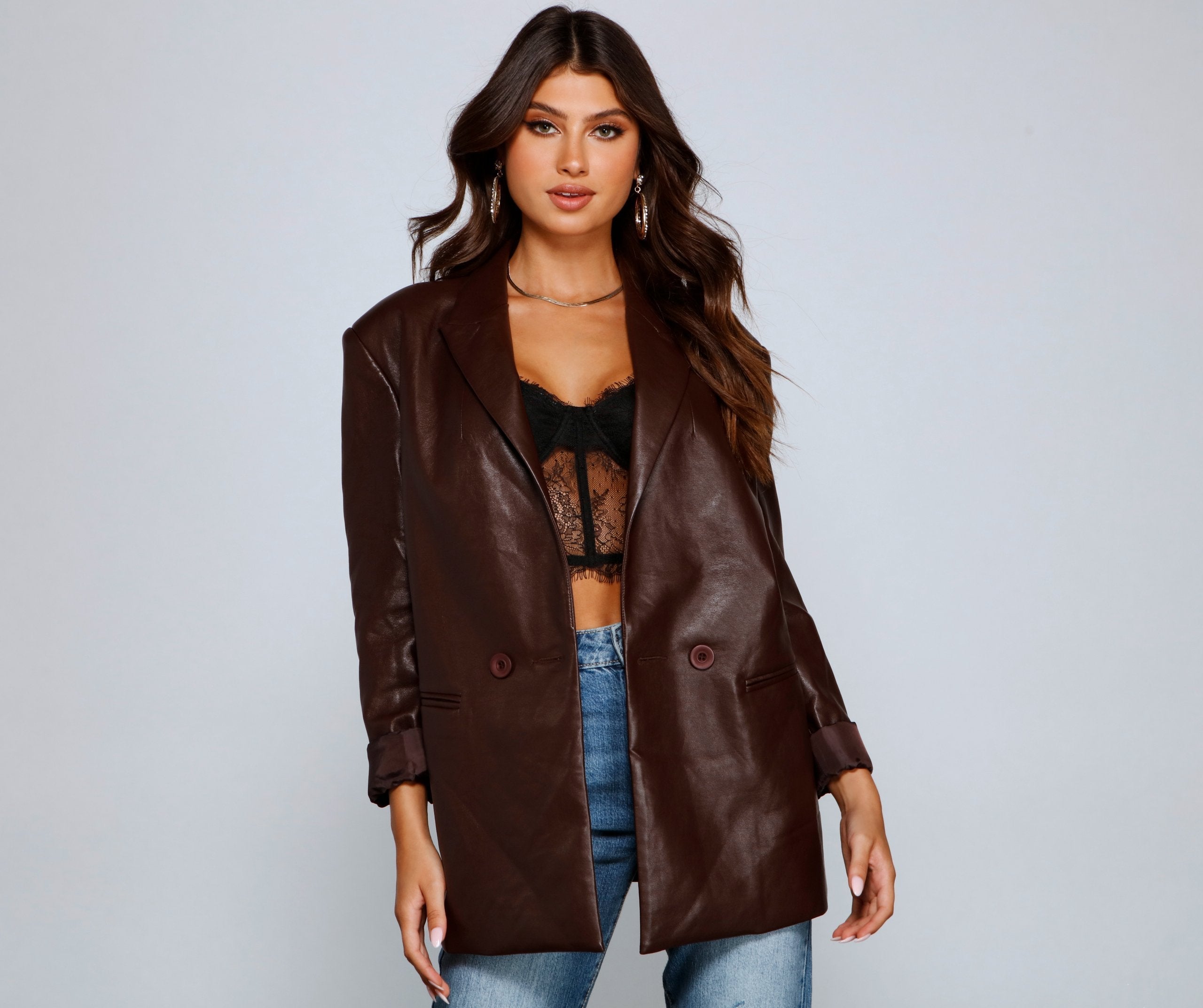 Trendy Oversized Faux Leather Blazer Sai Feel