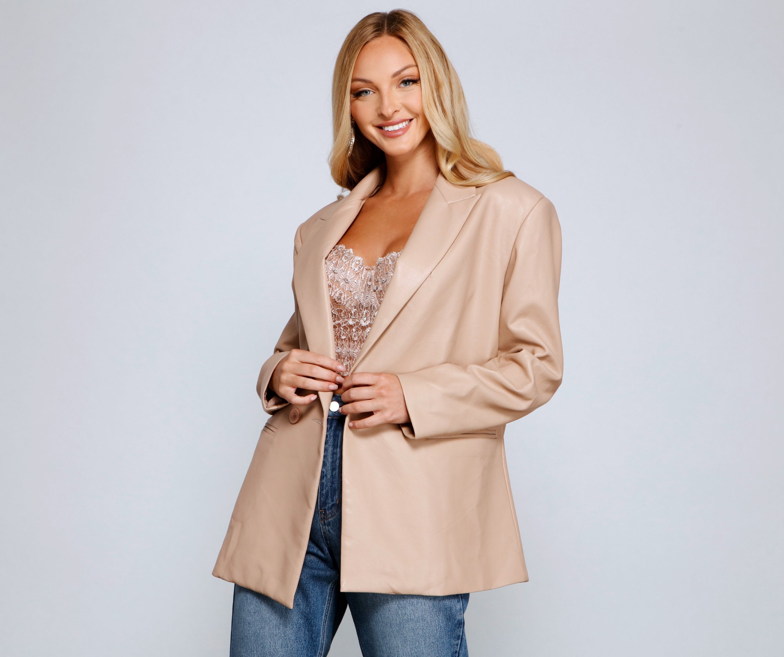 Trendy Oversized Faux Leather Blazer Sai Feel