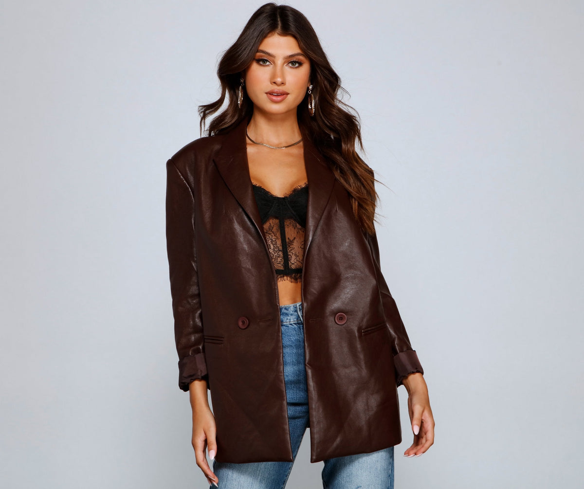 Trendy Oversized Faux Leather Blazer Sai Feel