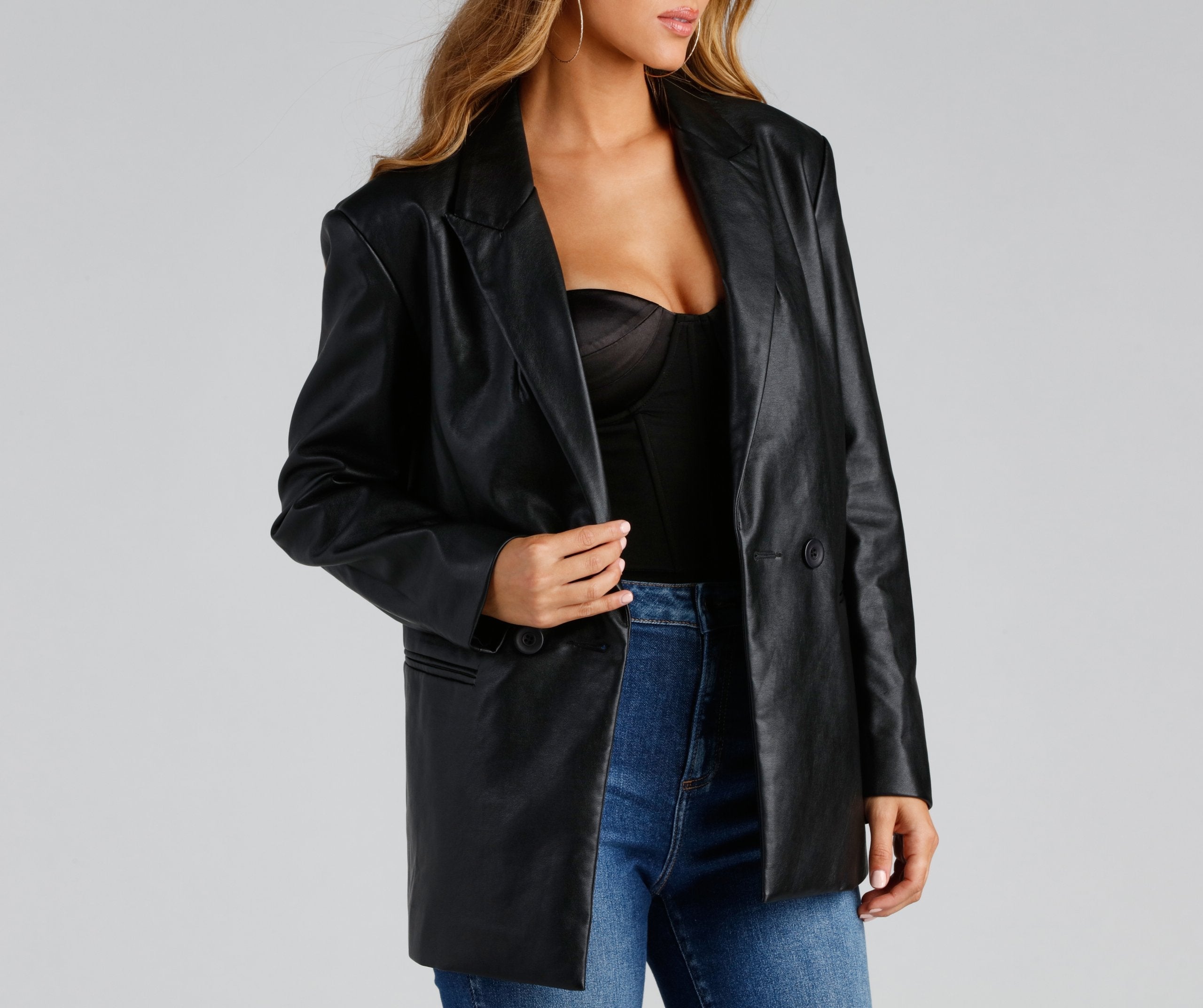 Trendy Oversized Faux Leather Blazer Sai Feel