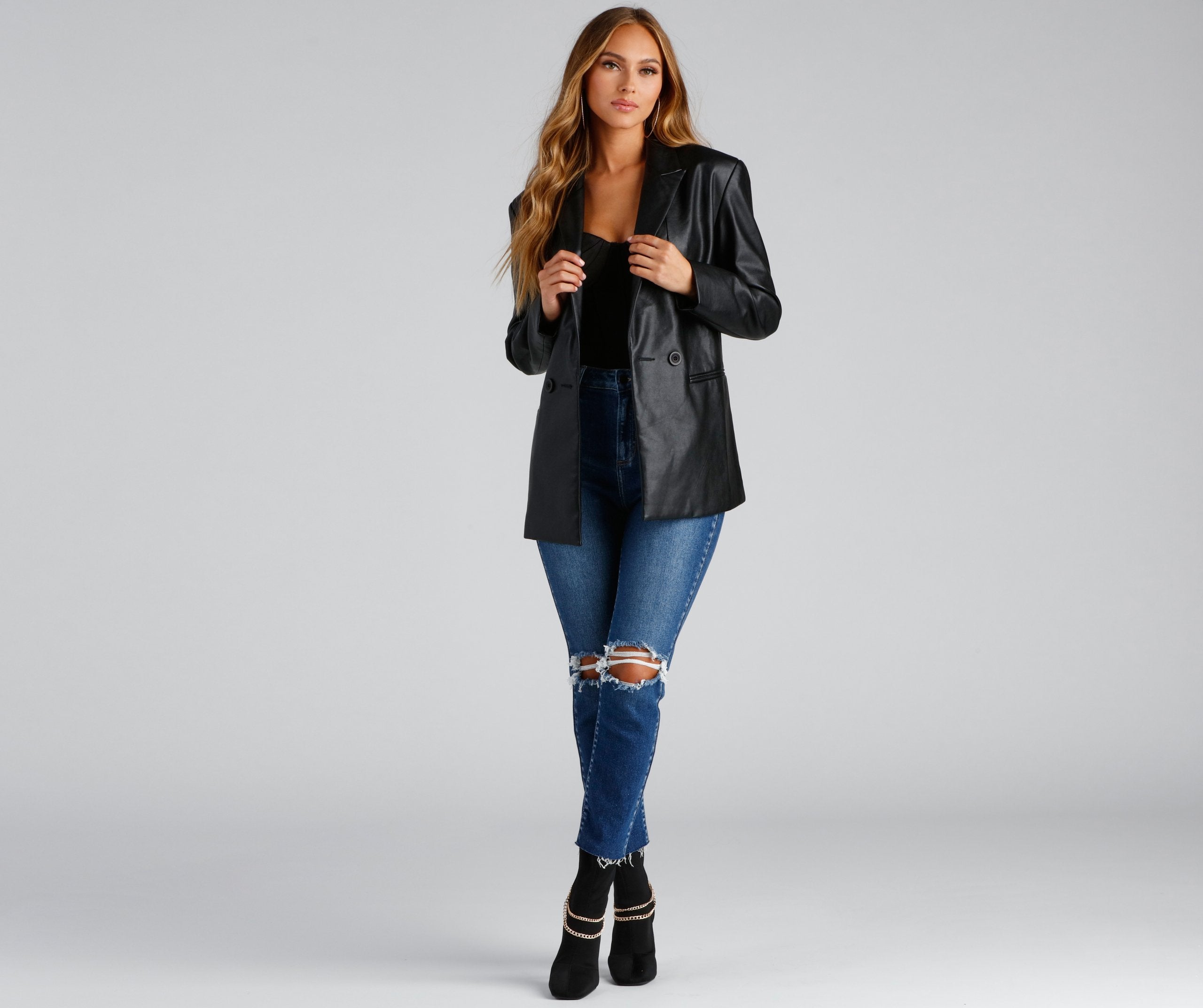 Trendy Oversized Faux Leather Blazer Sai Feel