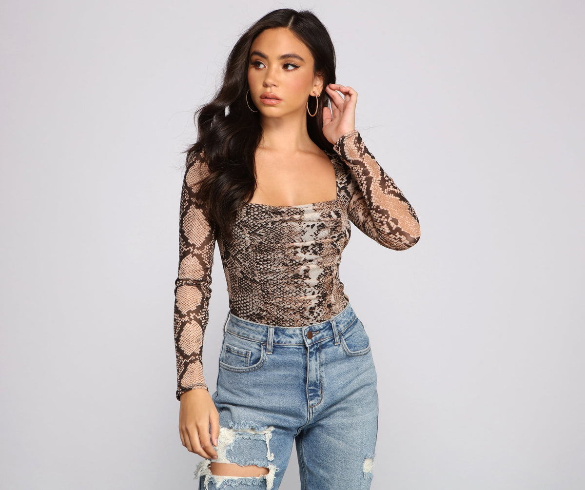 Trendy Stunner Snake Print Bodysuit Sai Feel