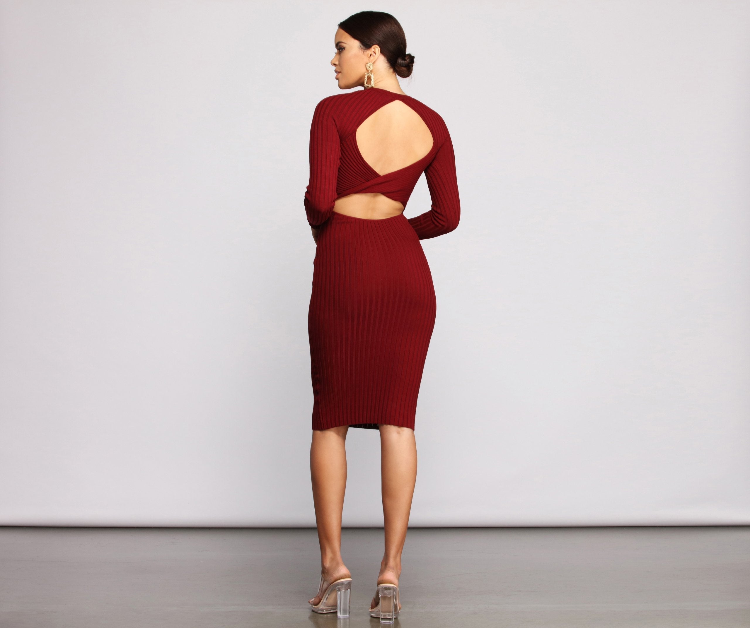 Trendy Twist Back Ribbed Knit Midi Sweater Dress Sai Feel