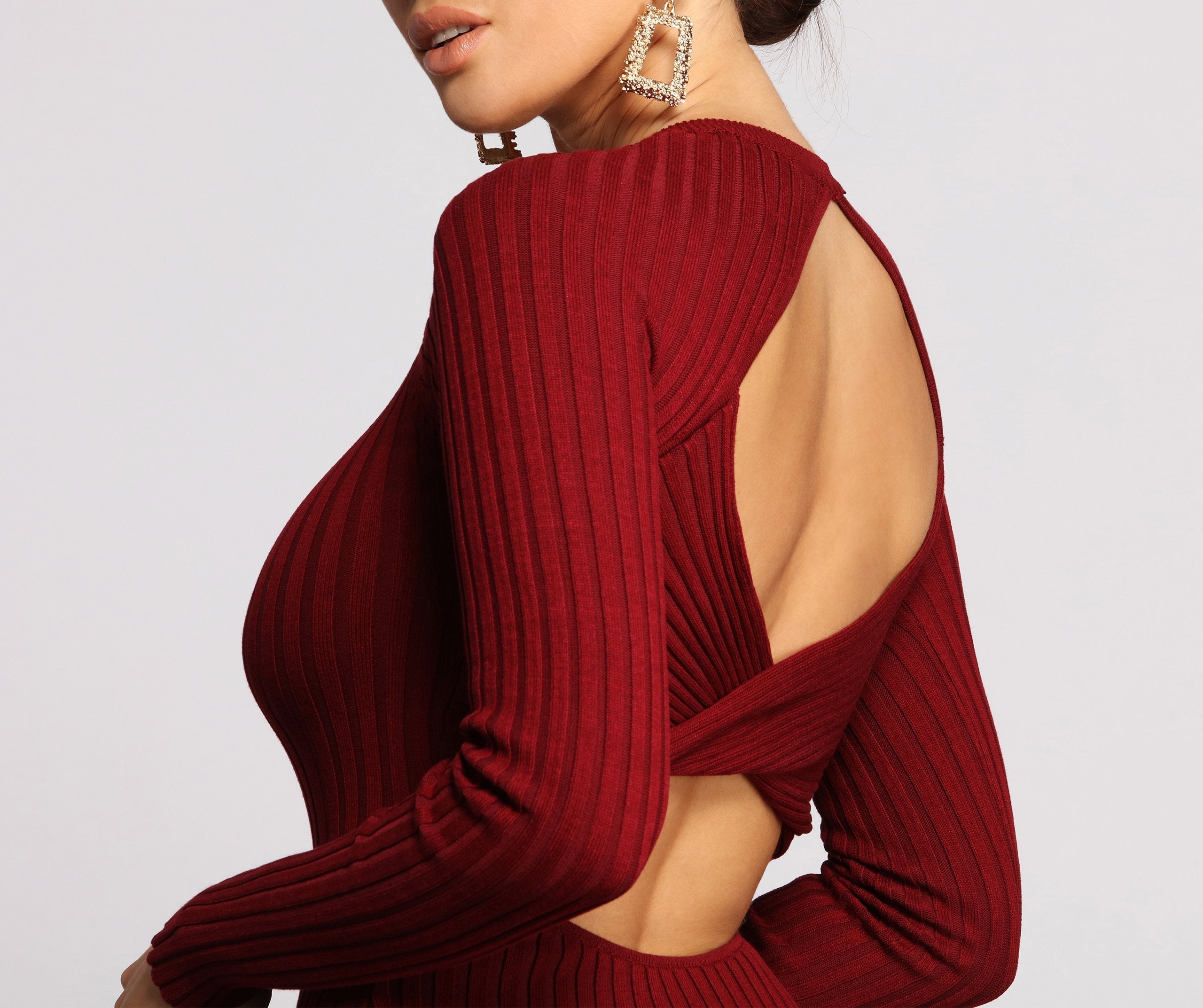 Trendy Twist Back Ribbed Knit Midi Sweater Dress Sai Feel