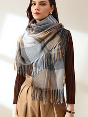 Tricolor Plaid Fringe Hem Scarf Sai Feel