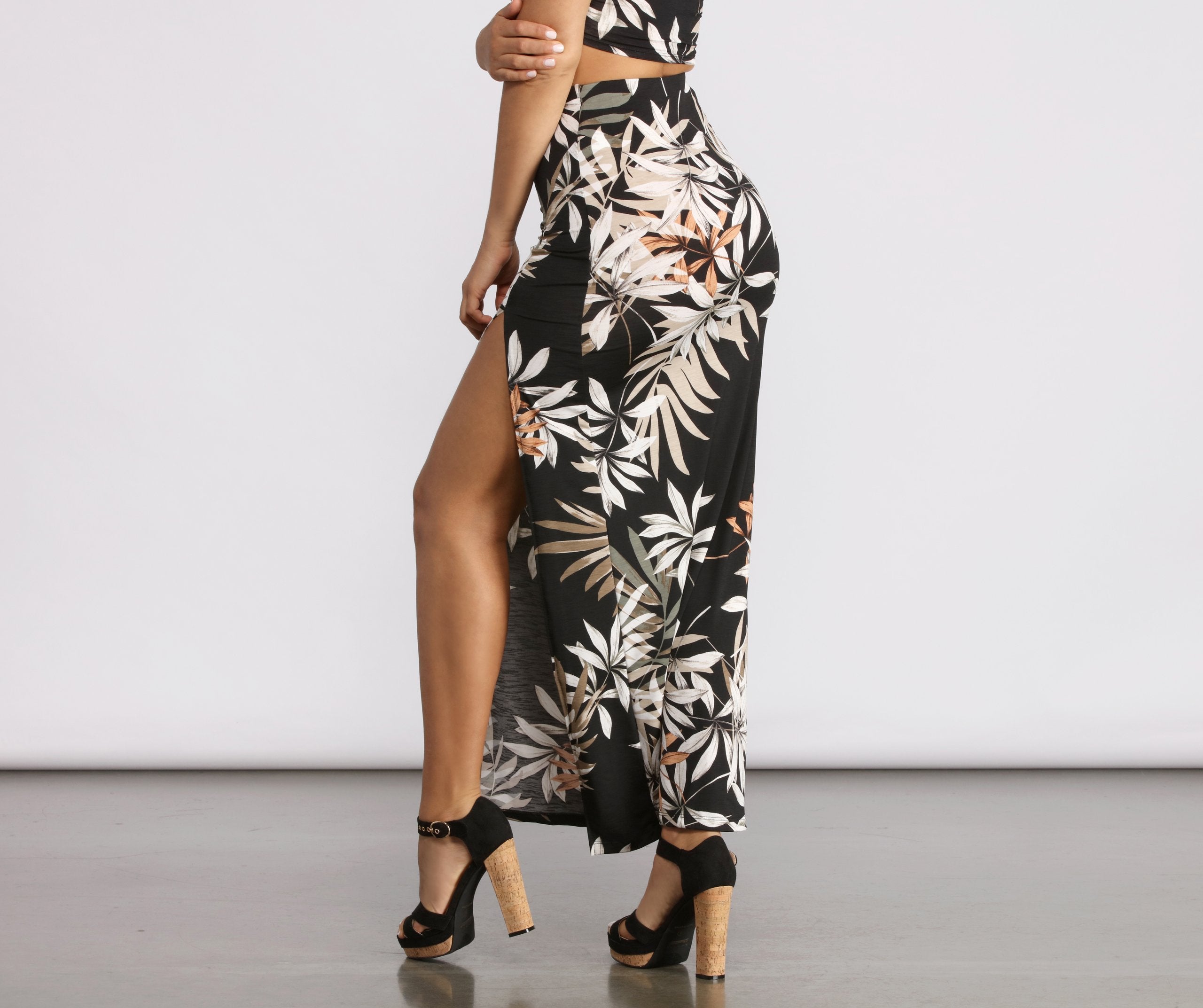 Tropical Palm Leaf High Slit Maxi Skirt Sai Feel