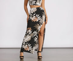 Tropical Palm Leaf High Slit Maxi Skirt Sai Feel