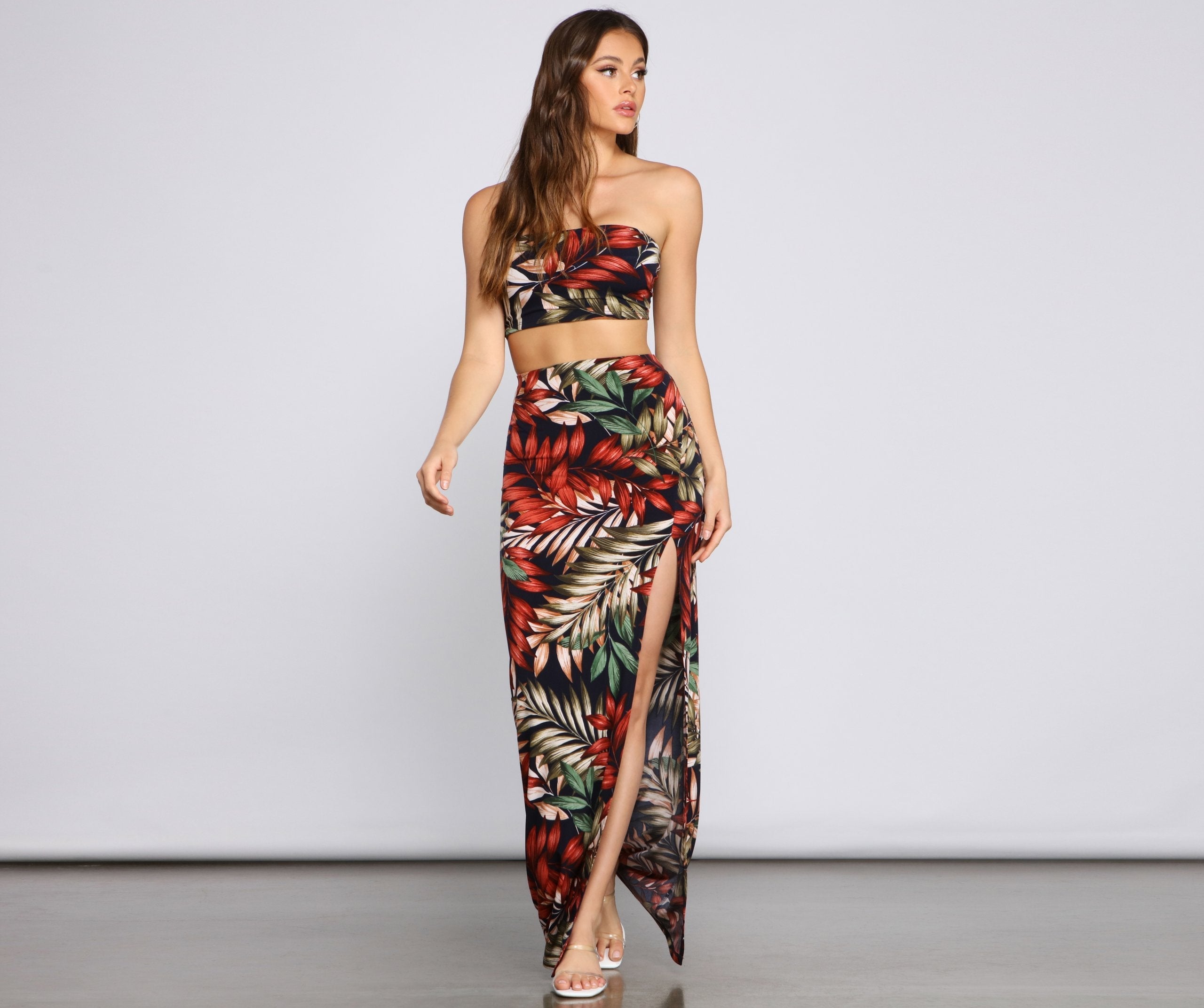 Tropical Palm Leaf High Slit Maxi Skirt Sai Feel