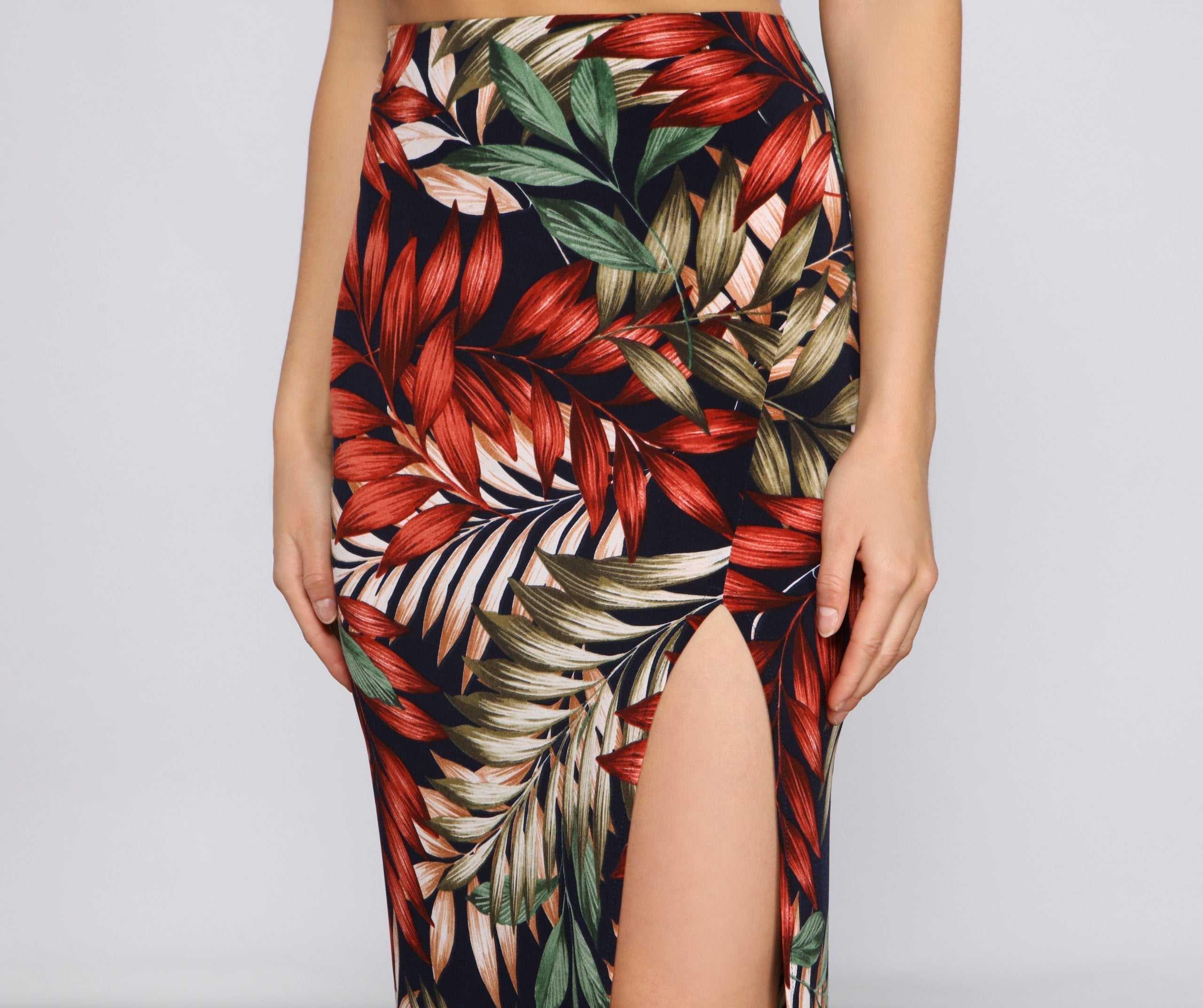 Tropical Palm Leaf High Slit Maxi Skirt Sai Feel