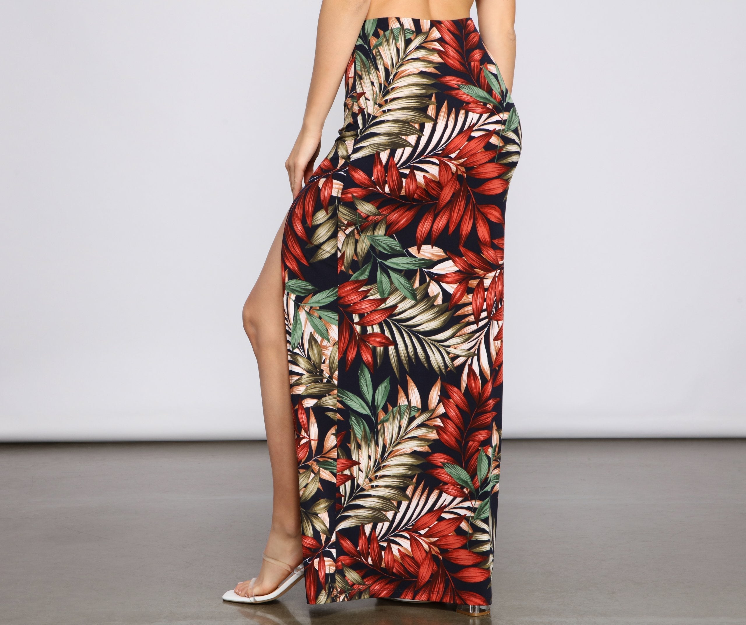 Tropical Palm Leaf High Slit Maxi Skirt Sai Feel