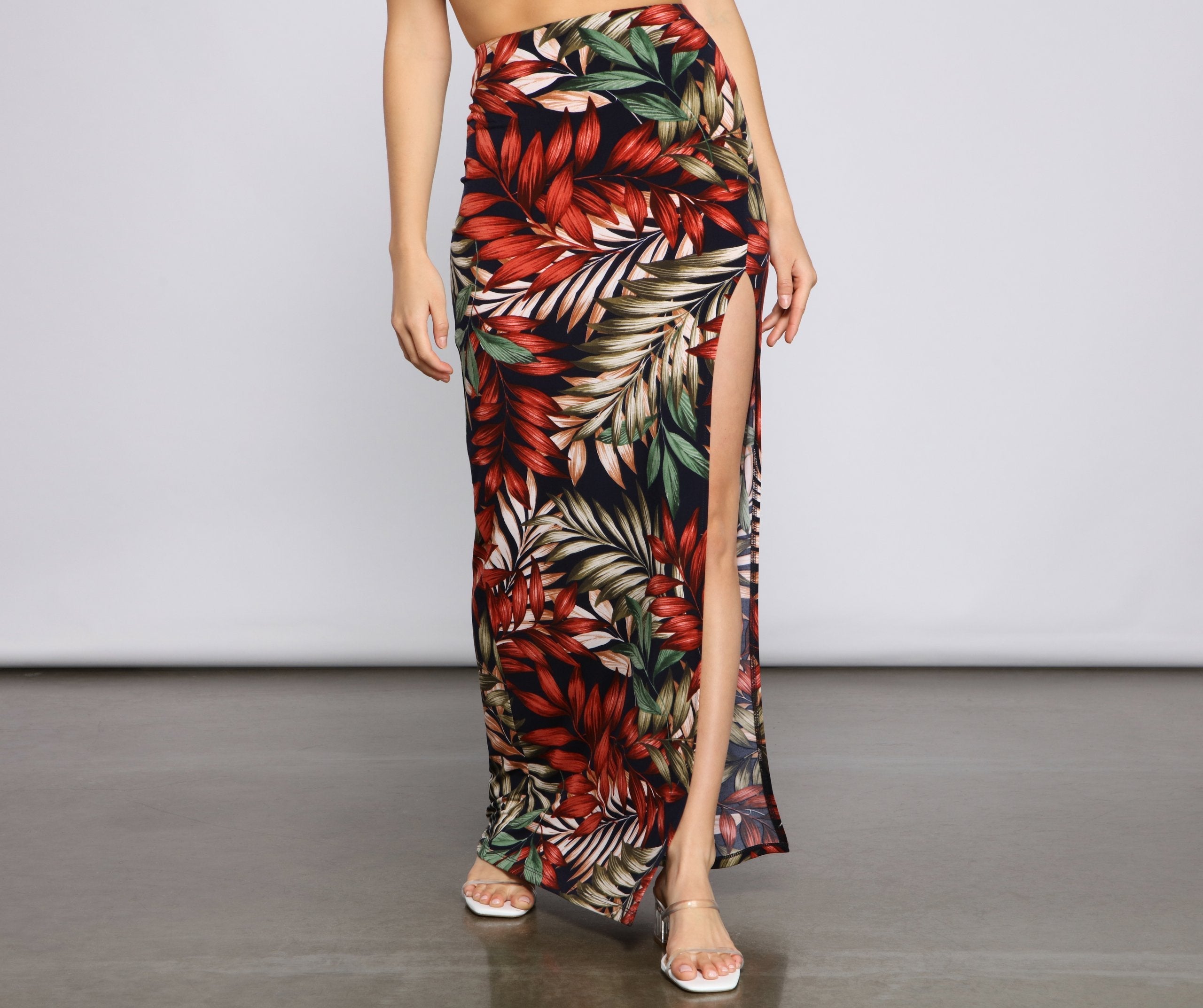 Tropical Palm Leaf High Slit Maxi Skirt Sai Feel