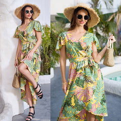 Tropical Print Surplice Neck Plum Print Wrap A-line Dress Sai Feel